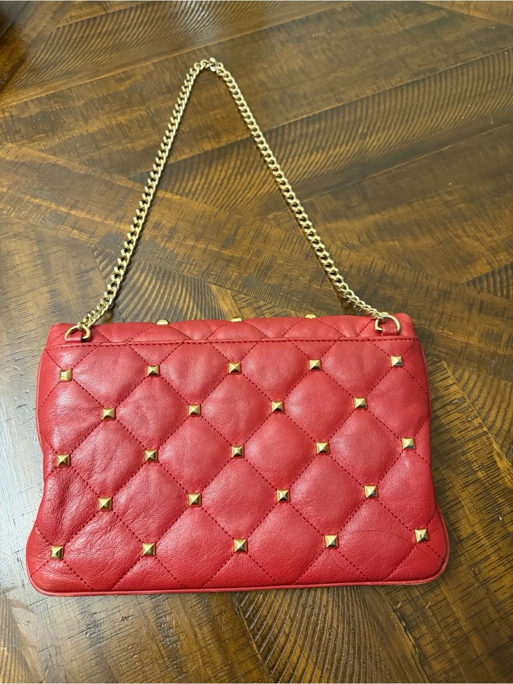 Michael Kors Red Quilted Stud Chain Shoulder Bag with Gold Hardware